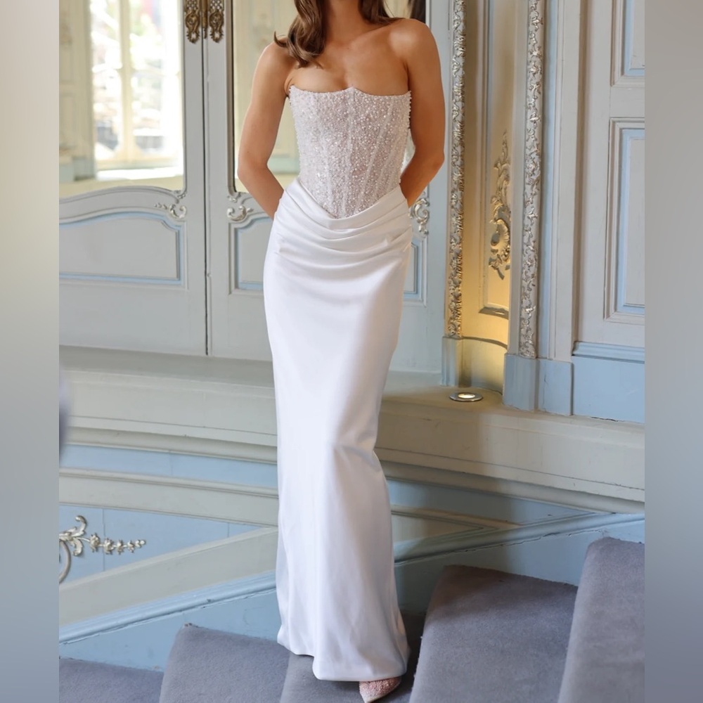 Strapless Beaded Corset Satin Skirt Gown - White Ophelia